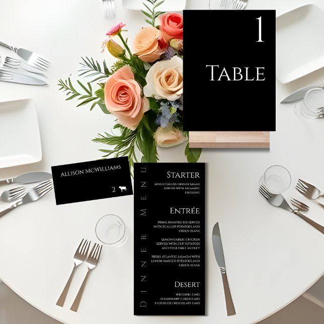 Wedding Place cards-Vegetarian-Black and White Table Number (Minimalist Modern Black and White Wedding-Place cards-Table sign, Dinner Menu)