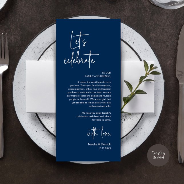 Wedding Place Setting Dinner Party Thank You Card (Modern Wedding Dinner Place Setting Dinner Party Thank You Card, Let's Celebrate, Classy Navy Blue)