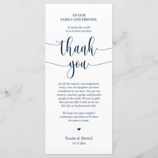 Wedding Place Setting Thank You, Navy Blue Card (Front)
