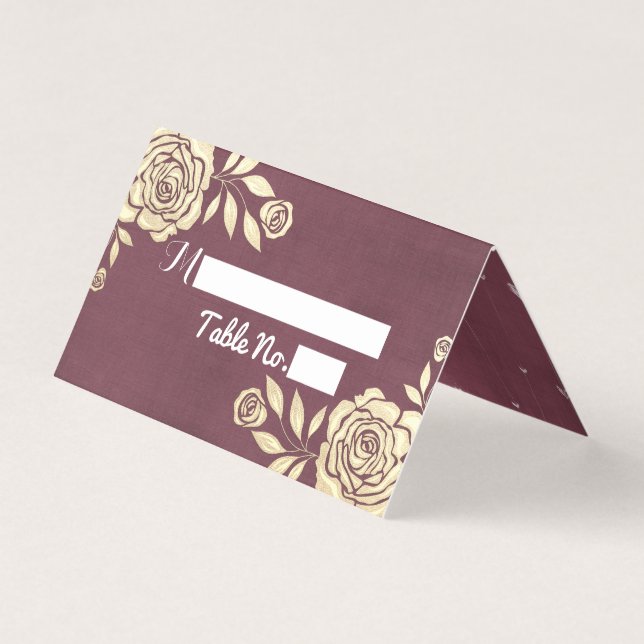 Wedding Place Table Number Gold Roses Burgundy Red (Front)
