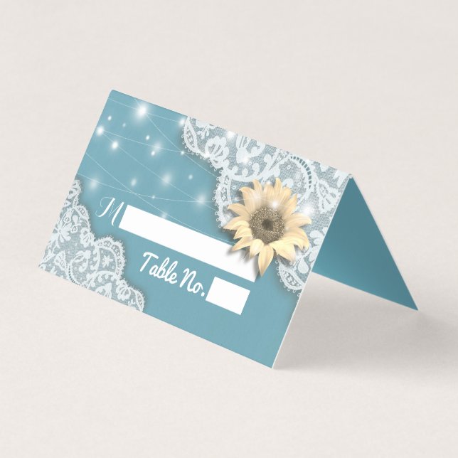 Wedding Place Table Number Lace Sunflowers Lights (Front)