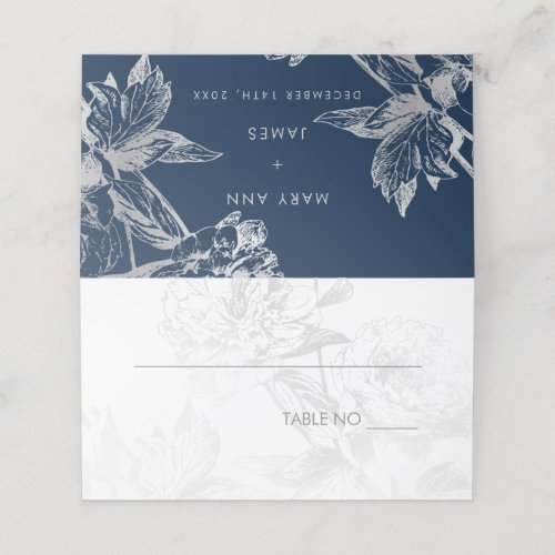 Wedding Placecard Simple Floral Silver Navy Blue