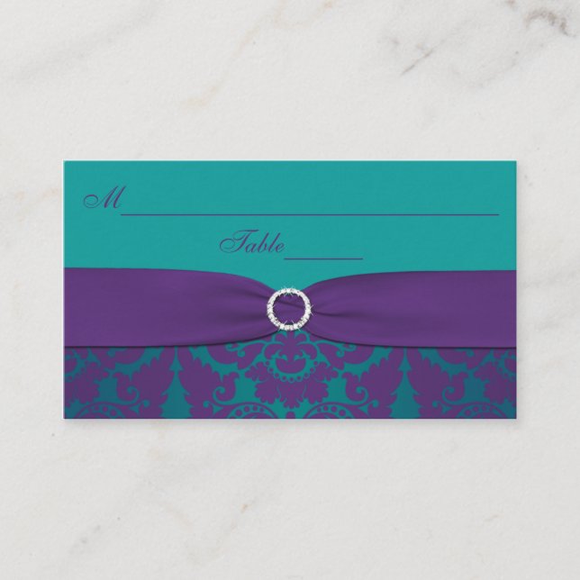 Wedding Placecards | Purple, Teal Damask (Front)