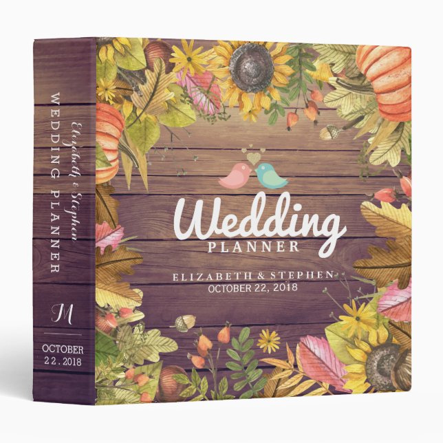 Wedding Planner Autumn Maple Leaves Pumpkins Wood 3 Ring Binder (Front/Spine)