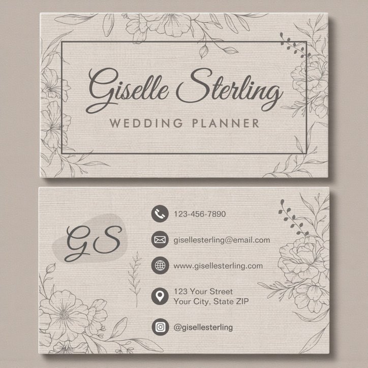 Wedding Planner Beige Linen Floral Line Art Business Card