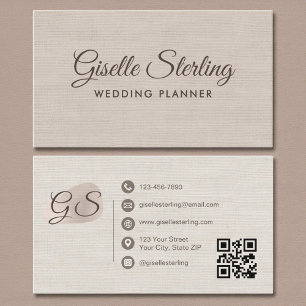 Wedding Planner Beige Linen Modern Elegant QR Code Business Card