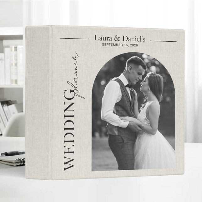 Wedding Planner Beige Linen Personalized Photo 3 Ring Binder (Creator Uploaded)
