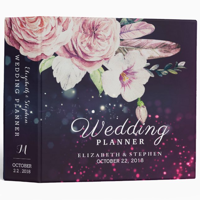 Wedding Planner Boho Floral Feather & Purple Light 3 Ring Binder (Front/Spine)