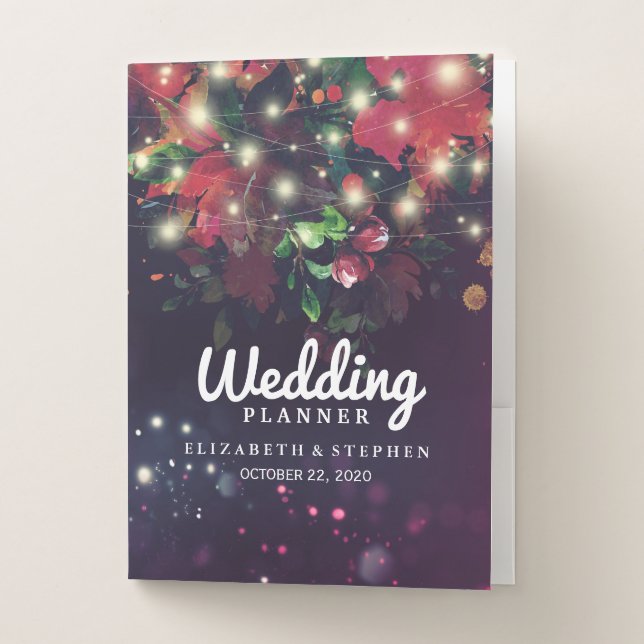 Wedding Planner Burgundy Red Floral String Lights Pocket Folder (Front)