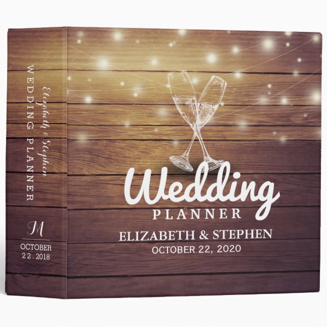 Wedding Planner Champagne Glass Wood String Lights 3 Ring Binder (Front/Spine)
