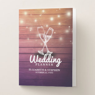 Wedding Planner Champagne Glass Wood String Lights Pocket Folder