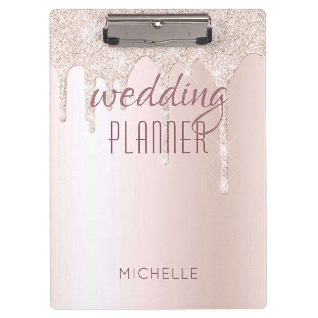 Wedding Planner Chic Girly Pink Glitter Name Clipboard (Front)