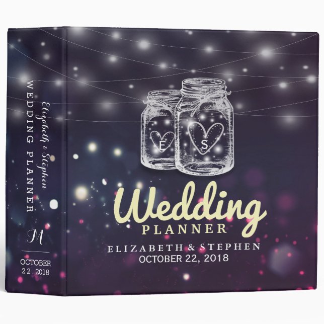 Wedding Planner Chic Mason Jar Purple String Light 3 Ring Binder (Front/Spine)