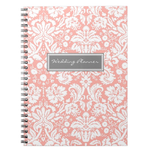 Wedding Planner Coral Gray White Damask Notebook (Front)