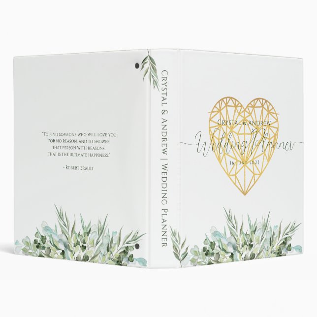 Wedding Planner Elegant White Gold Heart Foliage 3 Ring Binder (Background)