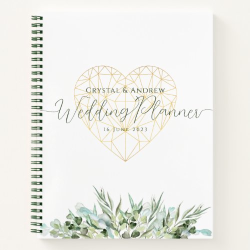 Wedding Planner Elegant White Gold Heart Foliage Notebook