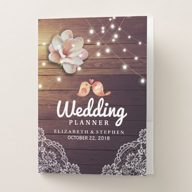 Wedding Planner Floral String Lights Wood Lace Pocket Folder (Front)