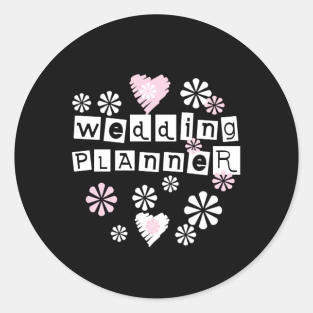 Wedding Planner Flowers White on Black Classic Round Sticker (Front)