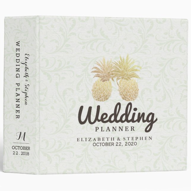 Wedding Planner Gold Foil Pineapples Damask Paper 3 Ring Binder (Front/Spine)