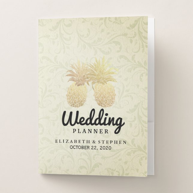 Wedding Planner Gold Foil Pineapples Damask Paper Pocket Folder (Front)