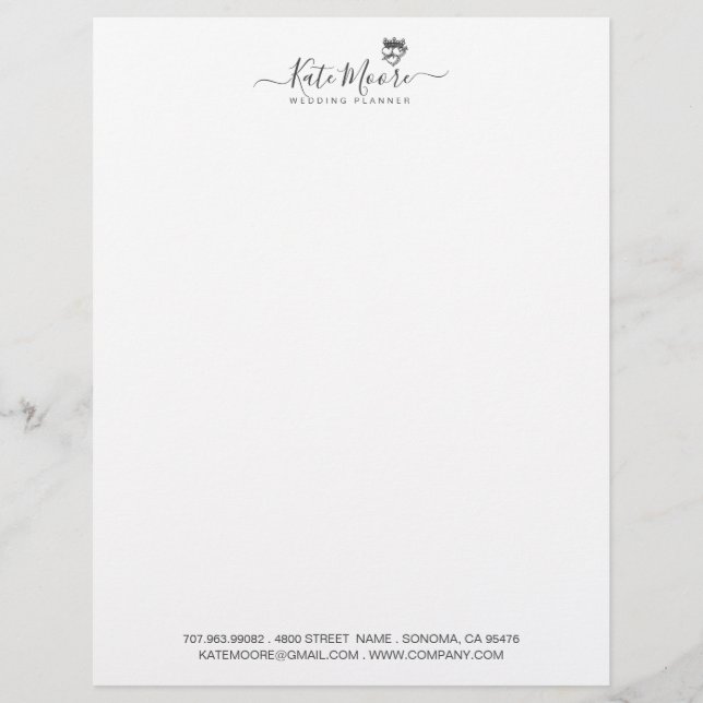 Wedding Planner Hearts Crown Script Signature Letterhead (Front)