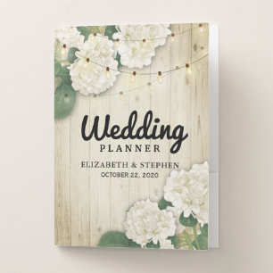 Wedding Planner Hydrangea String Light Rustic Wood Pocket Folder