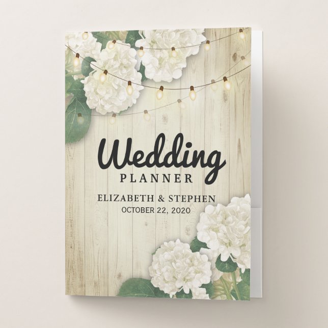 Wedding Planner Hydrangea String Light Rustic Wood Pocket Folder (Front)