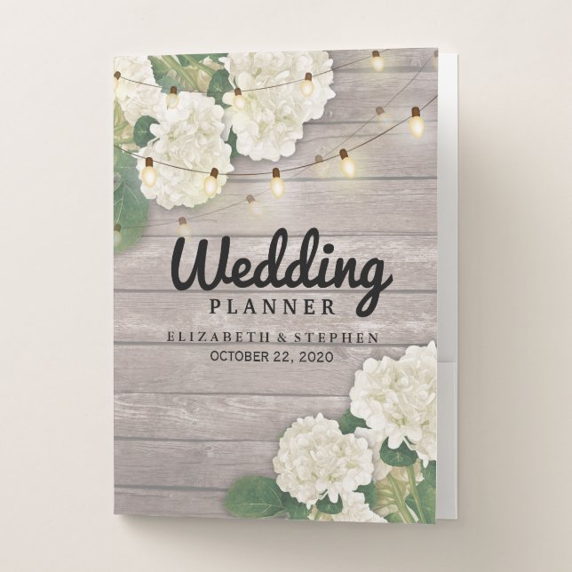 Wedding Planner Hydrangea String Light Rustic Wood Pocket Folder (Front)