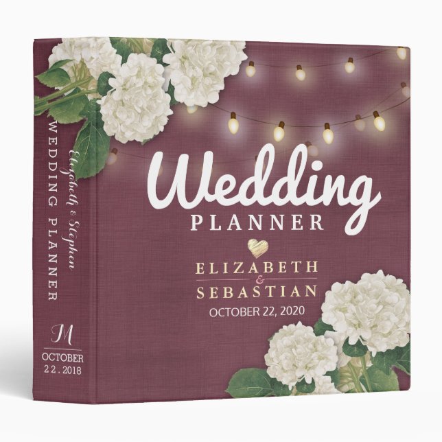 Wedding Planner Hydrangeas String Lights Burgundy 3 Ring Binder (Front/Spine)