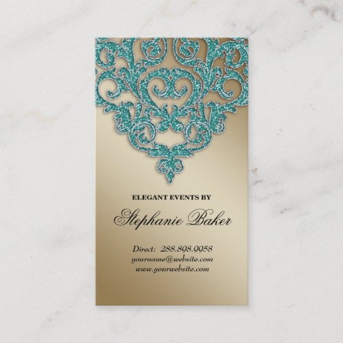 Wedding Planner Jewelry Damask Gold Sparkle Teal Business Card Templates