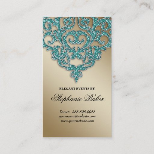 Customizable Wedding Planner Jewelry Damask Gold Sparkle Teal Business Card Templates