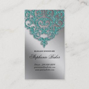 Wedding Planner Jewelry Damask Silver Sparkle Teal Business Card