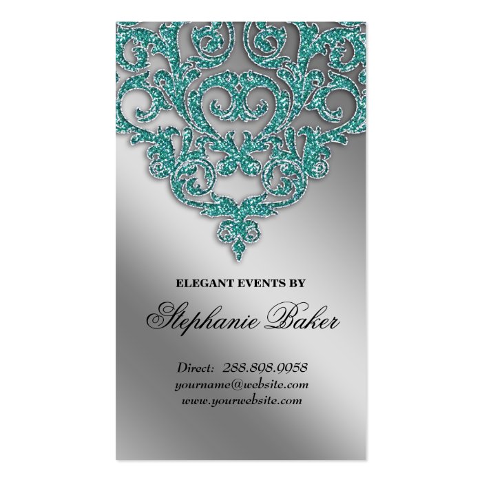 Wedding Planner Jewelry Damask Silver Sparkle Teal Business Card Templates