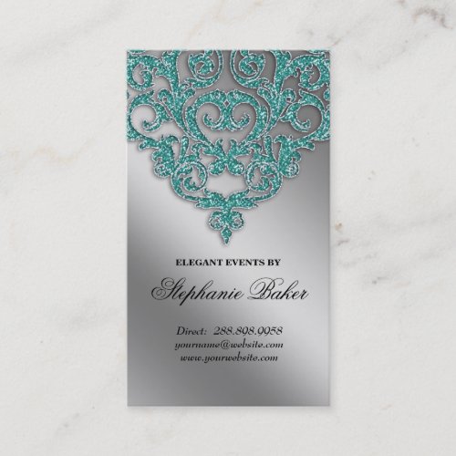 Wedding Planner Jewelry Damask Silver Sparkle Teal Business Card Templates