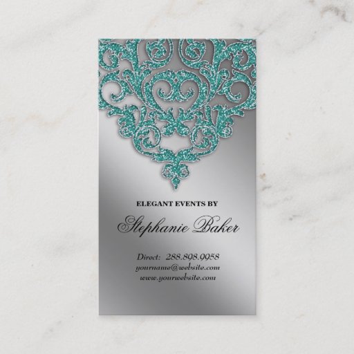 Customizable Wedding Planner Jewelry Damask Silver Sparkle Teal Business Card Templates