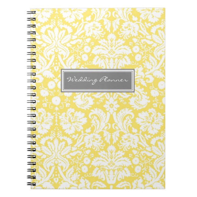 Wedding Planner Lemon Gray White Damask Notebook (Front)