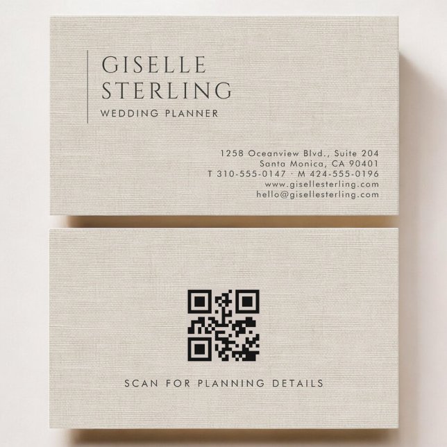 Wedding Planner Luxury Neutral Linen QR Code Business Card (Creator Uploaded)