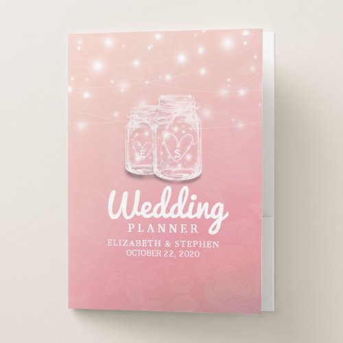 Wedding Planner Mason Jar String Light Pink Flower Pocket Folder
