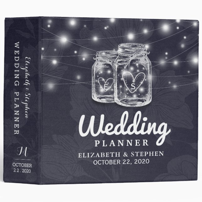 Wedding Planner Mason Jars String Lights Navy Blue 3 Ring Binder (Front/Spine)