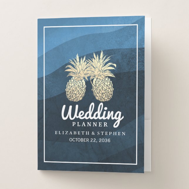 Wedding Planner Modern Blue Gold Pineapple Couple  Pocket Folder (Front)