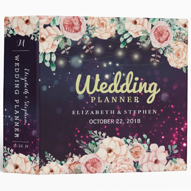 Wedding Planner Modern Floral Purple Sparkle Light 3 Ring Binder (Front/Spine)