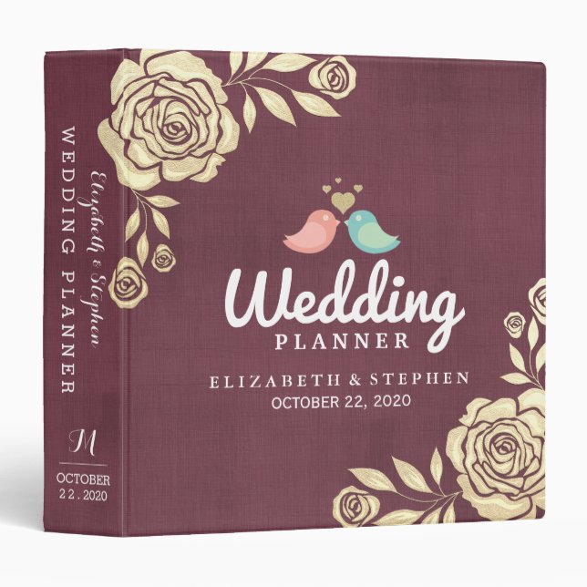 Wedding Planner Modern Golden Roses Burgundy Red 3 Ring Binder (Front/Spine)