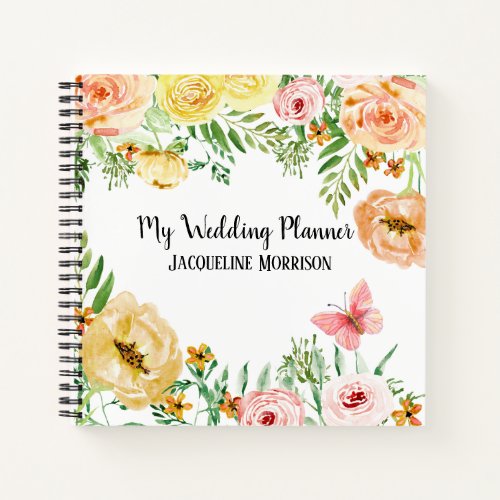 Wedding Planner Modern Watercolor Floral Roses Notebook