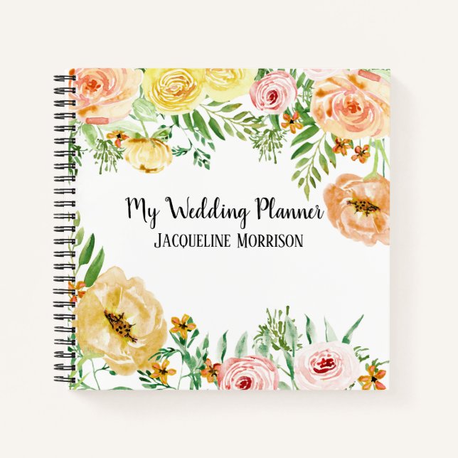 Wedding Planner Modern Watercolor Floral Roses Notebook (Front)