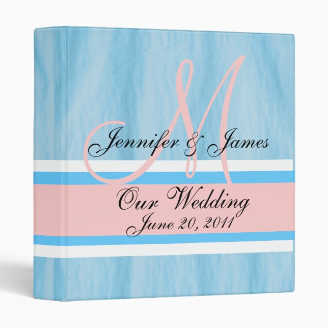 Wedding Planner Monogram Date & Names Blue 3 Ring Binder (Front/Spine)