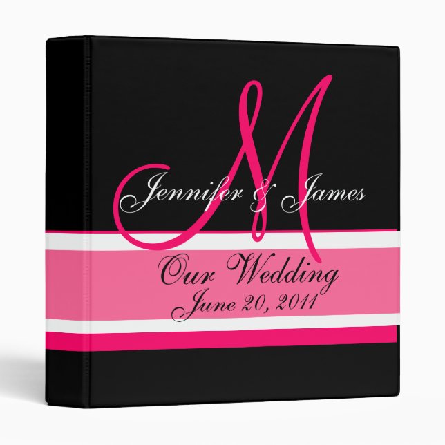 Wedding Planner Monogram Date & Names Pink Black 3 Ring Binder (Front/Spine)