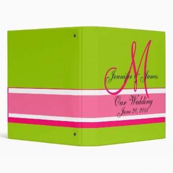Wedding Planner Monogram Date & Names Pink Green 3 Ring Binder by MonogramGalleryGifts at Zazzle