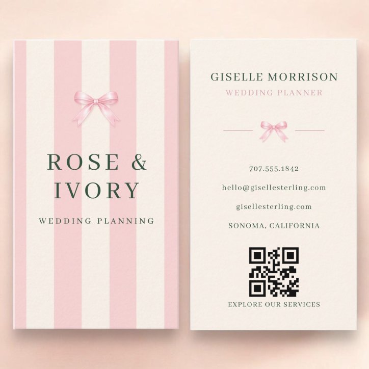 Wedding Planner Pink Green Striped Bow QR Code Business Card
