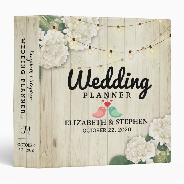 Wedding Planner Rustic Wood Flowers String Lights 3 Ring Binder (Front/Spine)