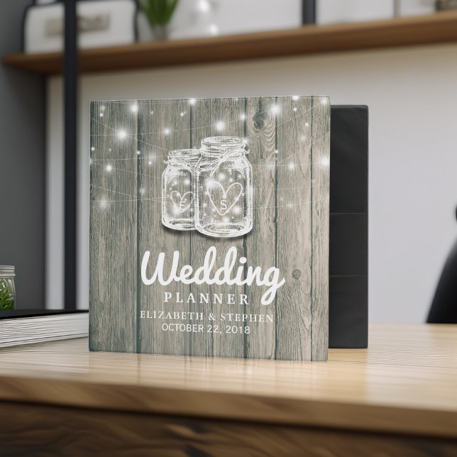 Wedding Planner Rustic Wood Mason Jar String Light 3 Ring Binder (Creator Uploaded)